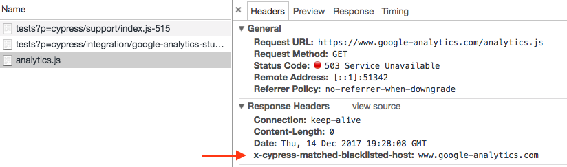 Network tab of dev tools with analytics.js request selected and the response header highlighted